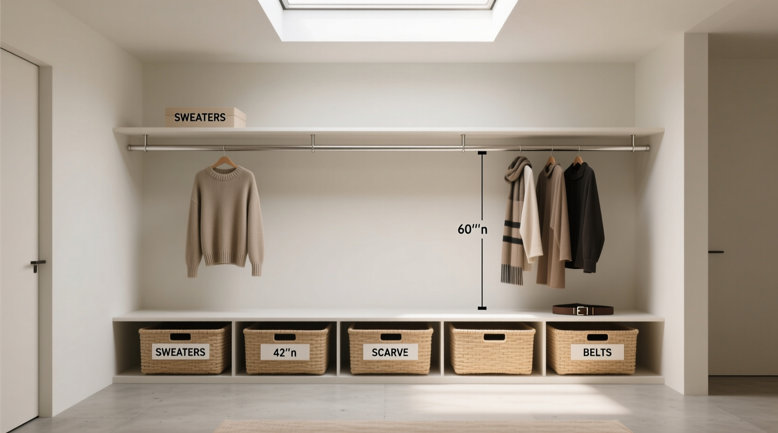 A minimalist, light-filled walk-in closet with two parallel hanging rods (one at 42 inches, one at 60 inches), shallow pull-out woven baskets labeled 'Sweaters', 'Scarves', and 'Belts', and a smooth, matte-finish floor with no thresholds or rugs
