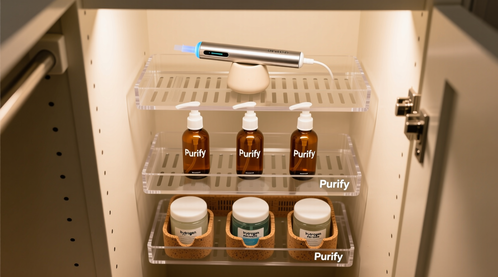 Overhead view of a narrow closet vanity nook with three-tiered, ventilated acrylic trays: top tier holds a UV-C wand on a ceramic stand, middle tier displays amber glass spray bottles with pump locks, bottom tier contains hydrogen peroxide gel jars nestled in insulated cork sleeves—all spaced 2 inches apart with visible airflow gaps