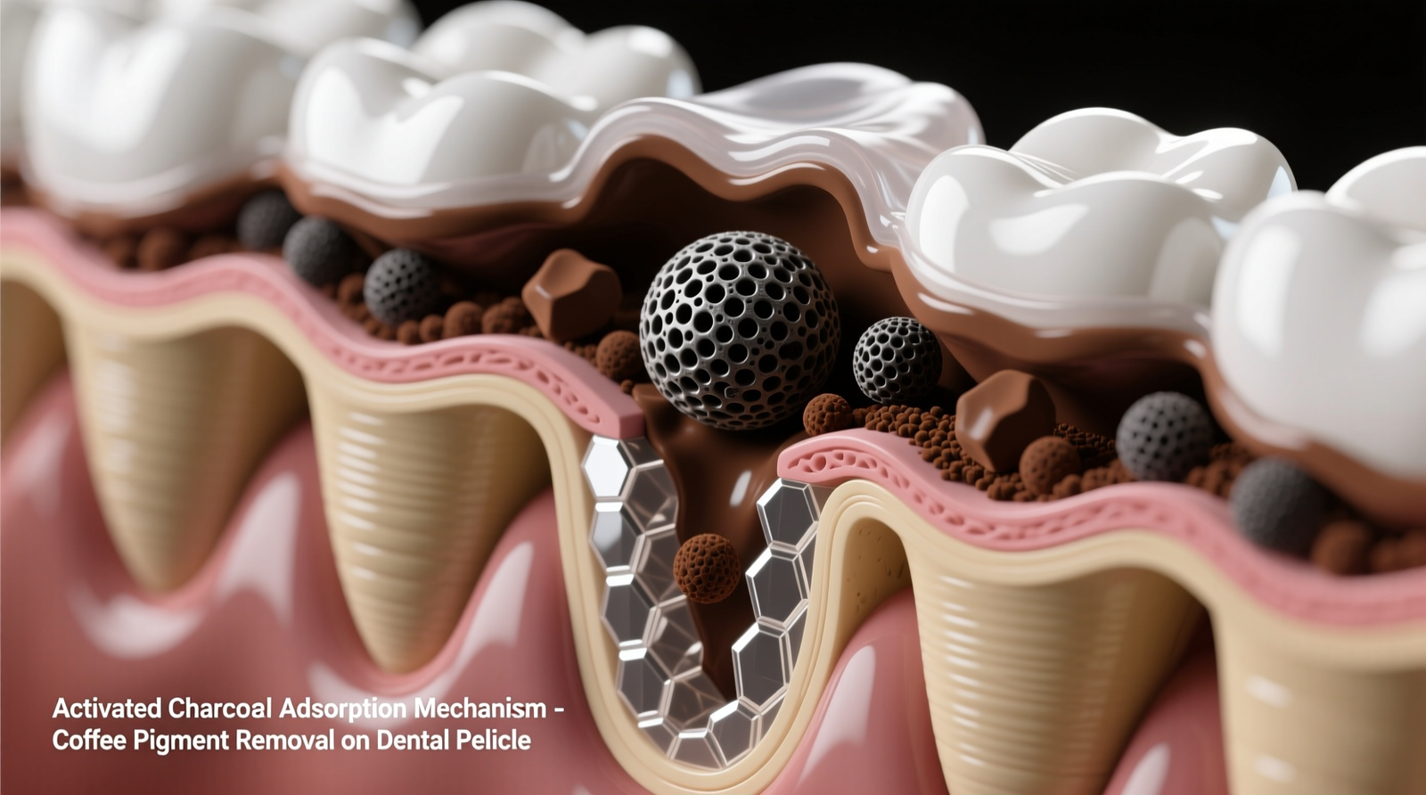 Cross-section diagram showing activated charcoal particles adsorbing coffee pigment molecules on the dental pellicle layer, with intact enamel prisms beneath and no penetration into dentin