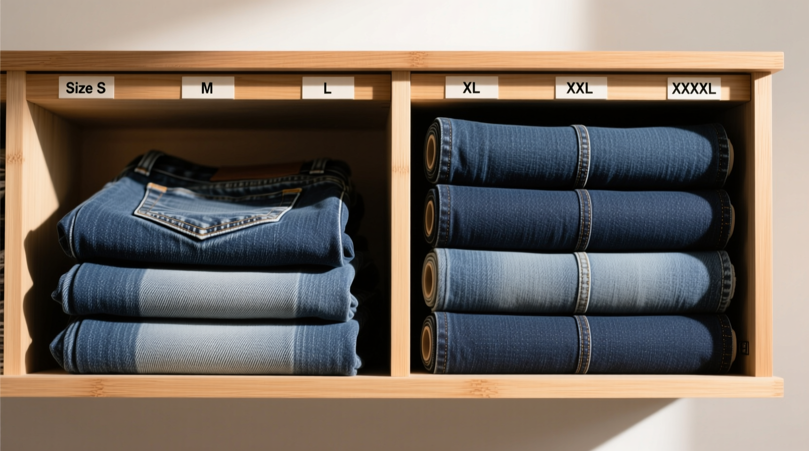 Side-by-side comparison: left shows three neatly folded jeans with visible horizontal creases across thighs; right shows six vertically stored denim rolls, each uniformly sized, no creasing, arranged in a shallow cedar-lined drawer with labeled dividers