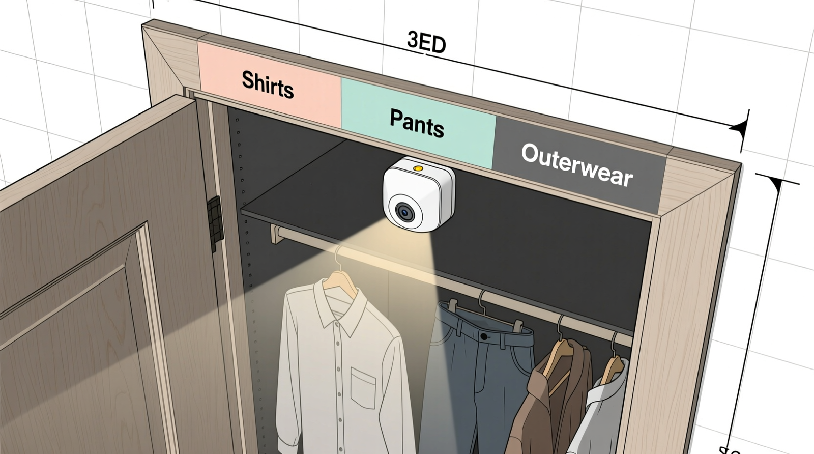 Overhead diagram showing optimal placement of a warm-white LED motion sensor on a closet's interior door frame, angled toward hanging garments, with labeled zones for shirts, pants, and outerwear