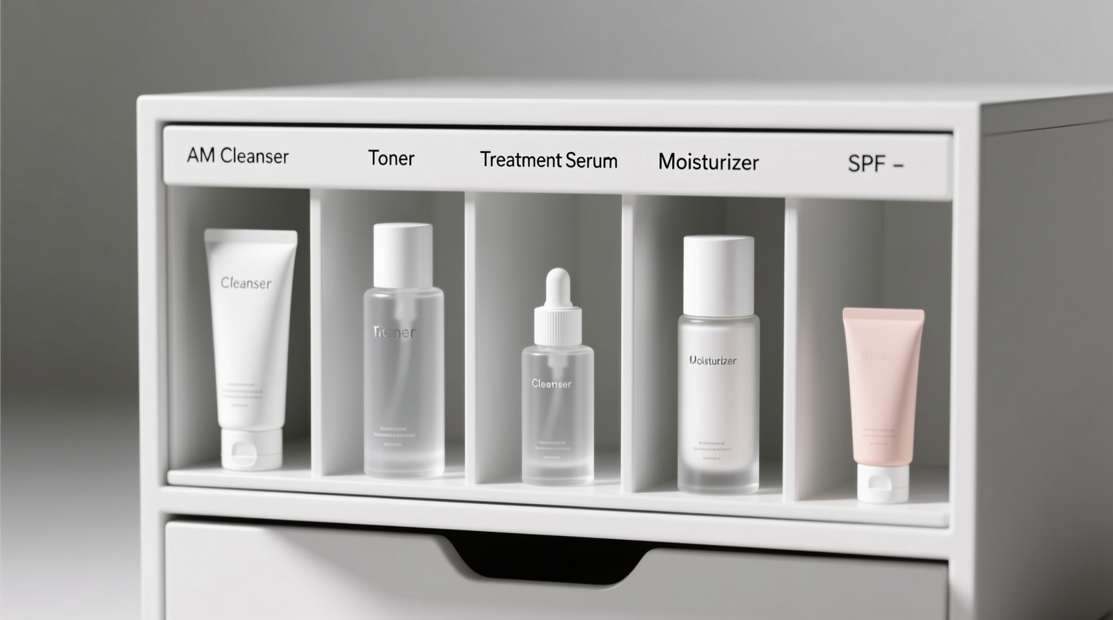 A minimalist white drawer with five vertically aligned, labeled compartments: 'AM Cleanser', 'Toner', 'Treatment Serum', 'Moisturizer', 'SPF'. Each holds one product upright, with consistent spacing and no overlapping labels or bottles.