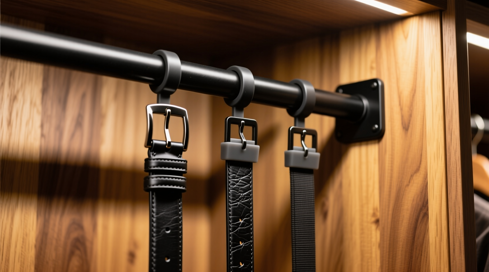 Close-up of a matte-black retractable belt rack mounted on a cedar-lined closet side panel: leather belts fully extended on rigid arms, three elastic waistbands hanging vertically in the retracted position with soft silicone clips visible at each base.