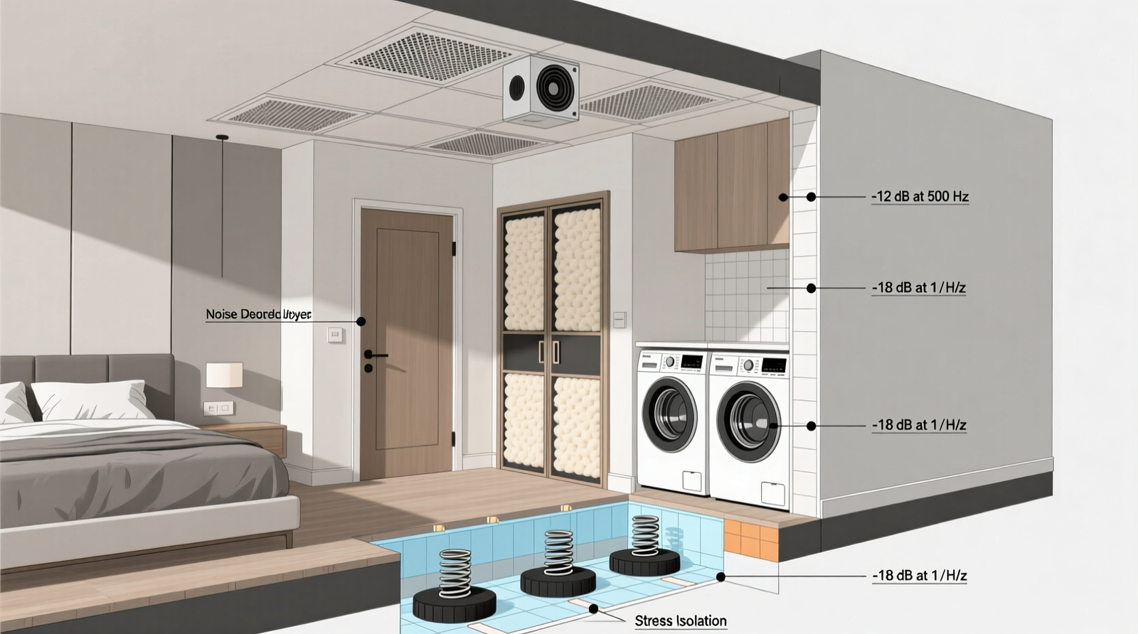 Cross-section diagram showing sound masking speaker mounted in bedroom ceiling, door seal upgrades on shared laundry-room doorway, and vibration pads beneath washer/dryer—annotated with decibel reduction metrics at key points