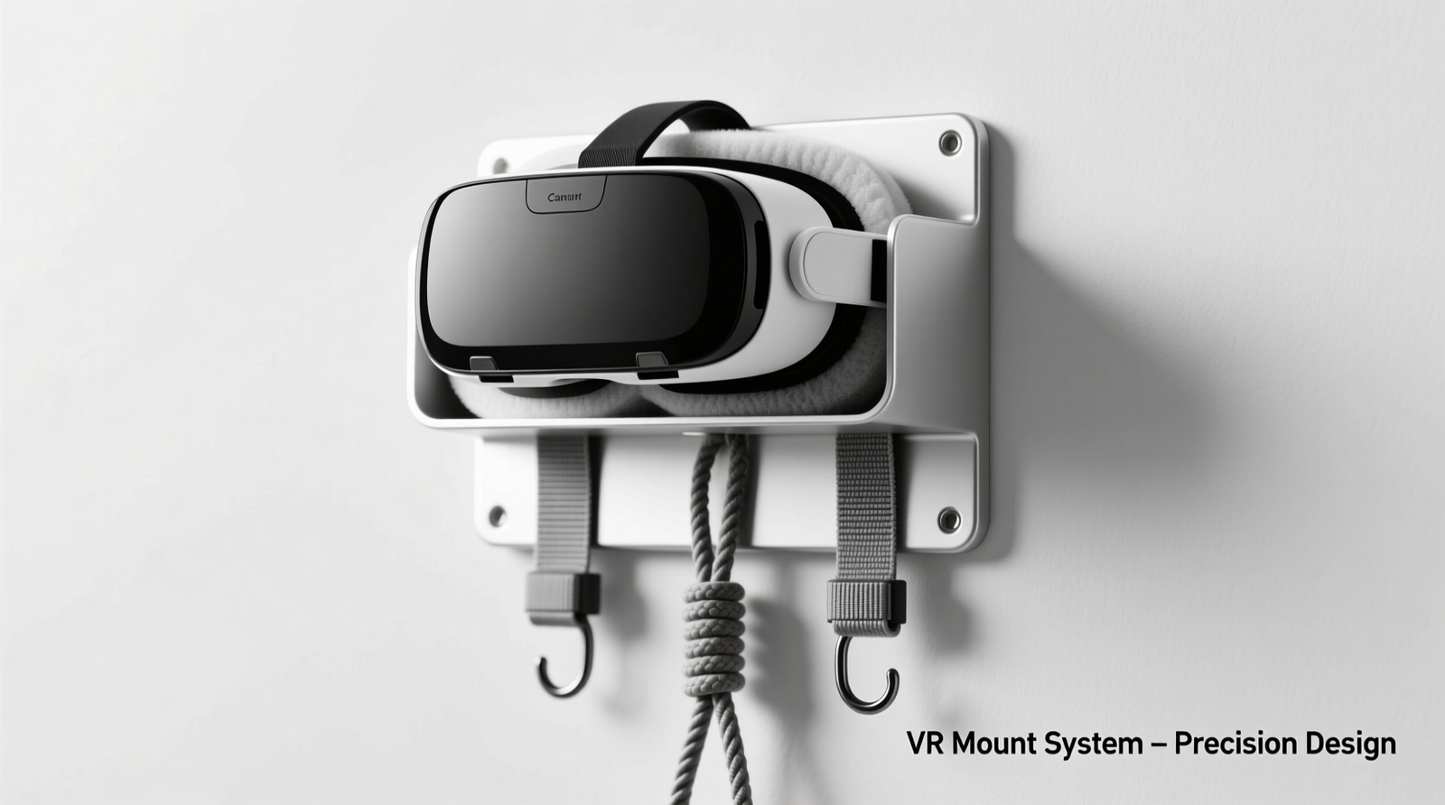 A shallow white drawer with two vertical gray mesh sleeves mounted on the left side; a black VR strap lies fully extended inside one sleeve, while two controllers stand upright in molded foam slots beside it, battery ports facing upward