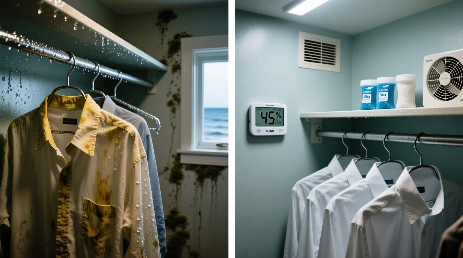Close-up of a calibrated digital humidity monitor mounted inside a cedar-lined closet, next to a labeled, refillable silica gel canister and stainless steel hangers—showing clear separation between monitoring, absorption, and corrosion-resistant hardware