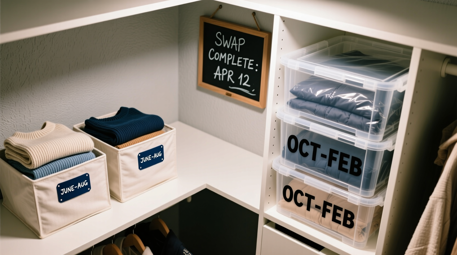Overhead photo of a streamlined closet: left side holds neatly folded summer knits in matching cotton cubes labeled 'JUNE-AUG'; right side shows vacuum-sealed winter layers in clear, stackable bins labeled 'OCT-FEB'; no items visible outside designated zones. A small wall-mounted chalkboard reads 'SWAP COMPLETE: APR 12'