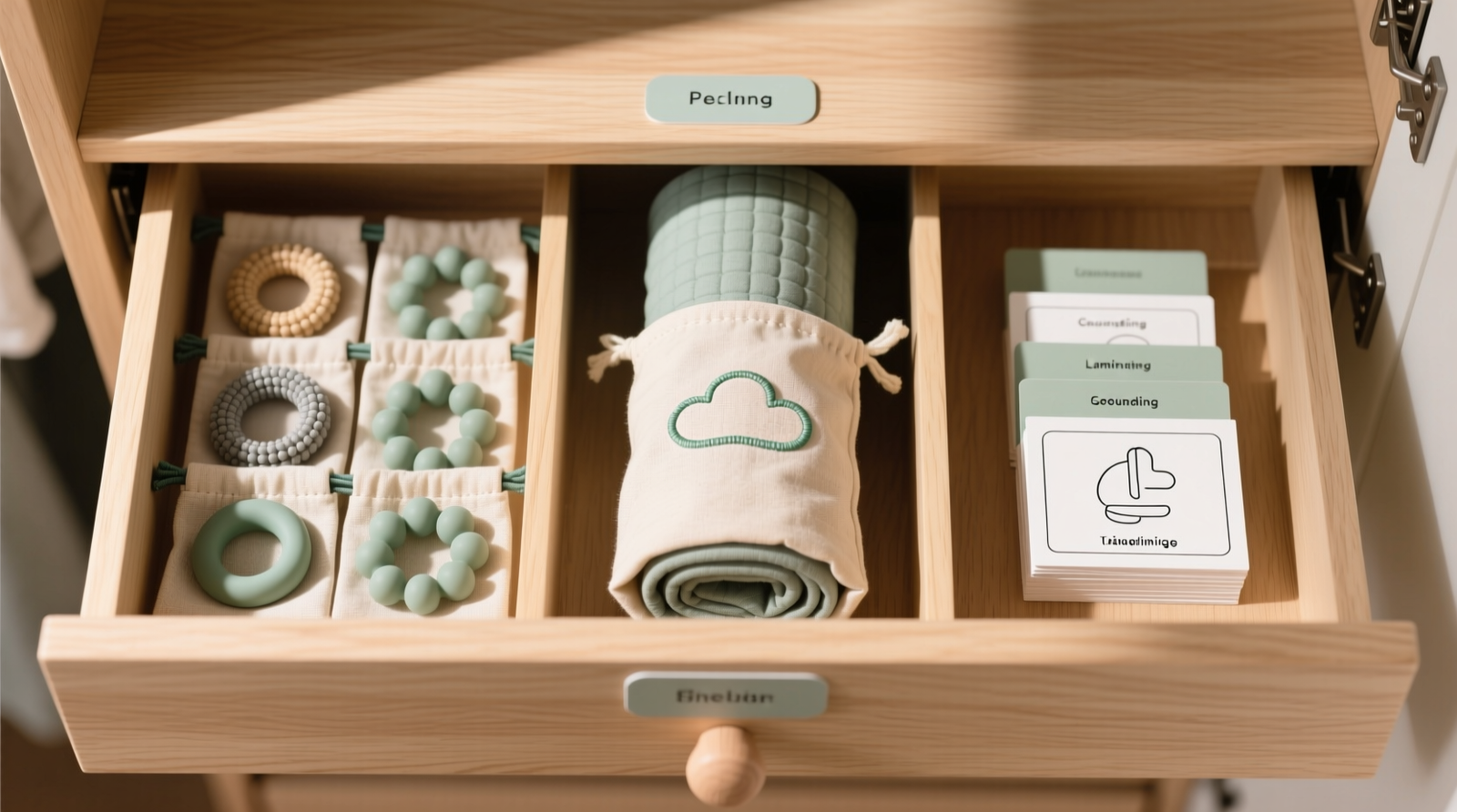Top-down view of a shallow wooden closet drawer divided into three labeled sections: left with soft fabric pouches containing textured fidget rings and silicone chewables; center holding a neatly rolled weighted lap pad in a beige linen pouch with a subtle cloud icon; right featuring a small stack of laminated visual cue cards for grounding techniques. All items are arranged horizontally, fully visible, and spaced for easy finger access.