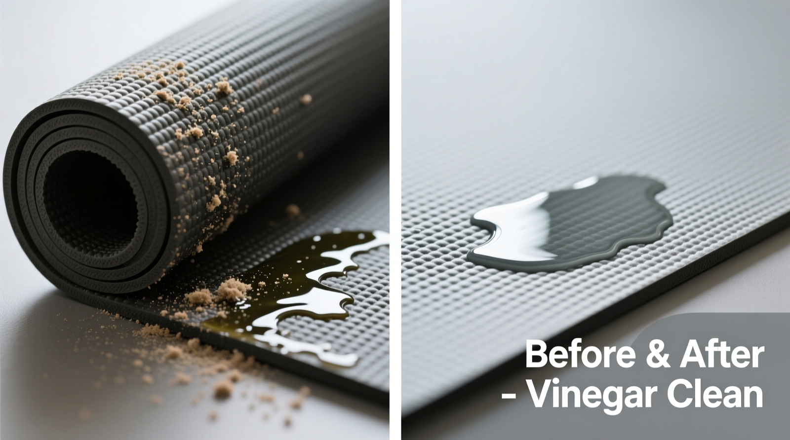 Close-up photo of a natural rubber yoga mat being wiped with a folded microfiber cloth, showing even coverage and no visible residue or saturation