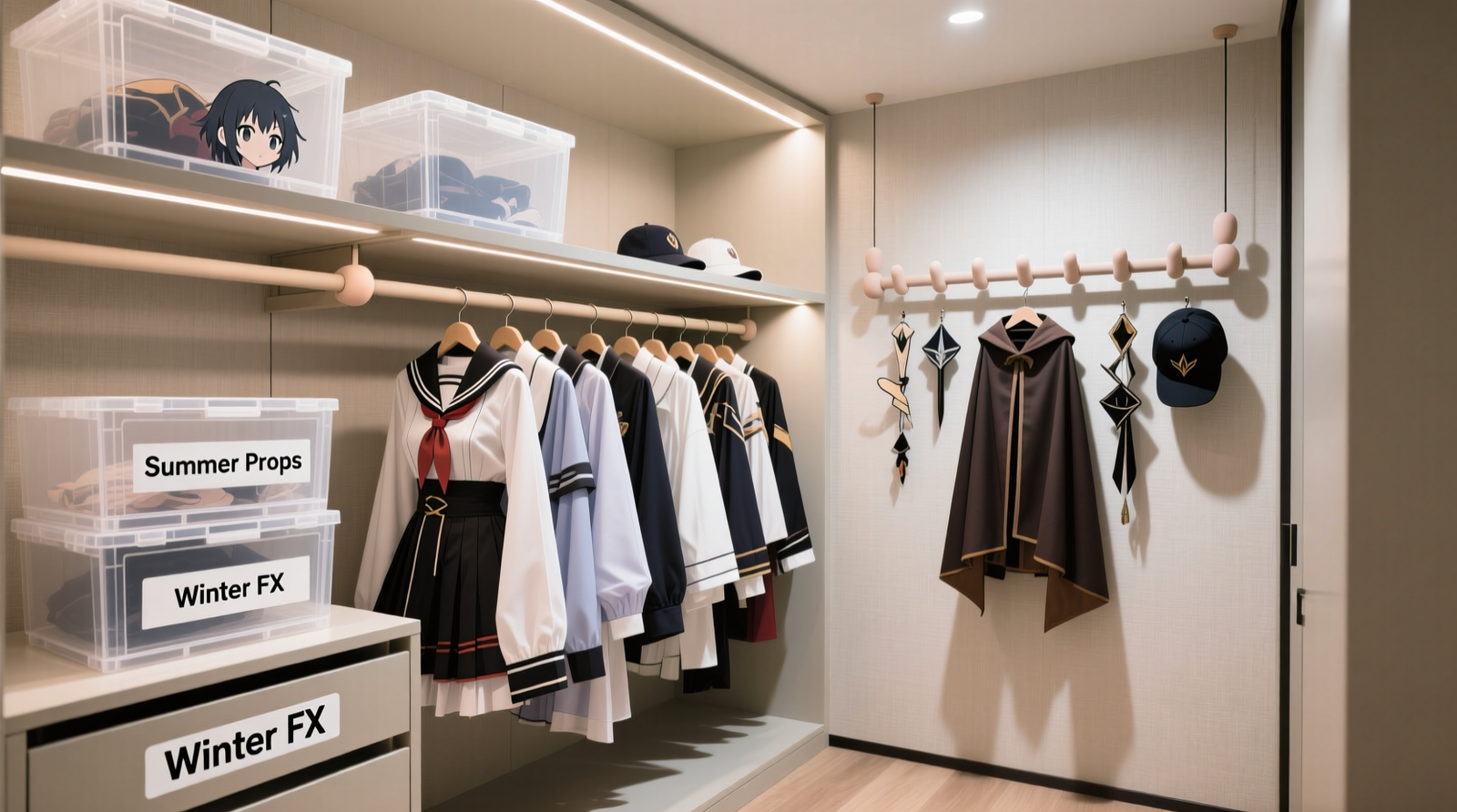 A well-organized closet showing double-tier padded hangers holding layered anime costumes, clear ventilated bins labeled 'Summer Props' and 'Winter FX' on upper shelves, and a suspended wing rack with soft-grip hooks—no visible crushing, folding, or stacking