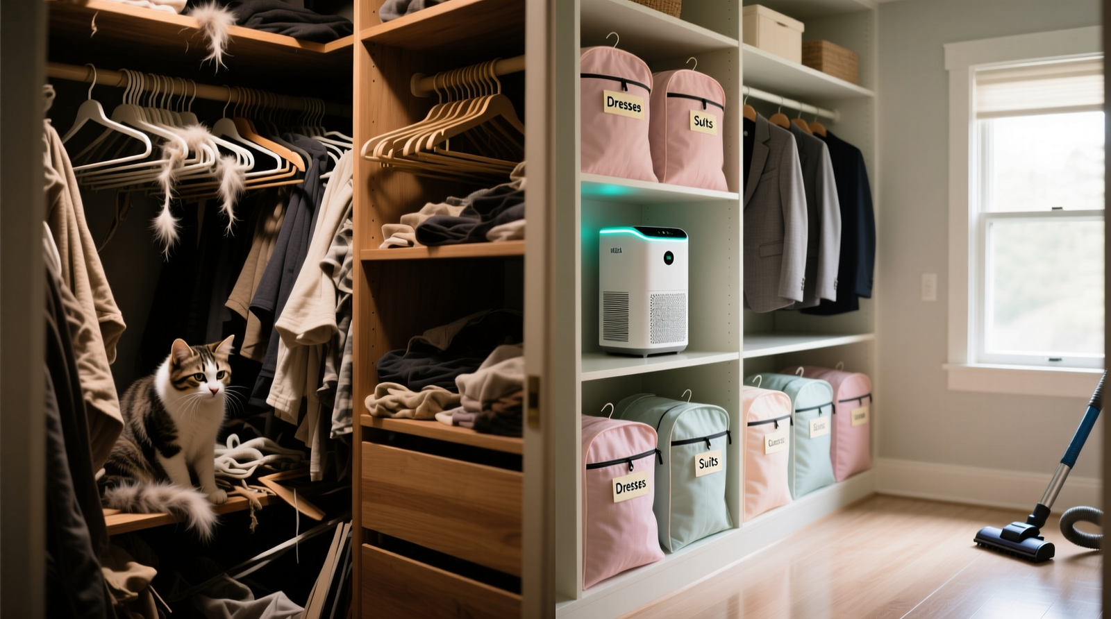 Side-by-side comparison: cluttered closet with visible pet hair on hangers versus organized closet with labeled cotton garment bags, HEPA purifier mounted on mid-shelf, and vacuum-accessible floor space