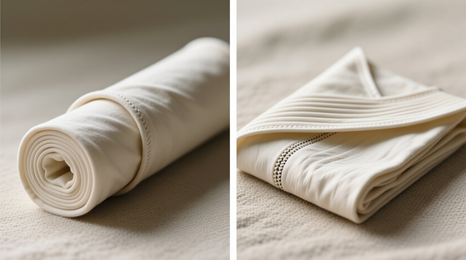 Side-by-side comparison: properly rolled calming wrap on acid-free tube inside breathable cotton sleeve versus folded wrap with visible crease lines at chest and flank seams