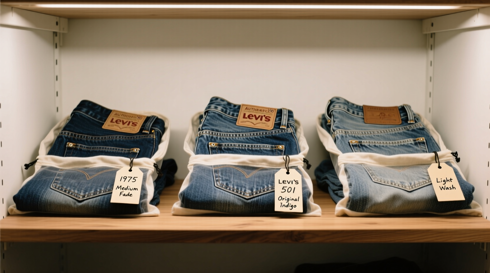Three vintage denim jeans rolled individually in translucent archival polypropylene garment bags, placed horizontally on a white, non-reflective shelf in a dimly lit closet with temperature and humidity sensors visible on the wall