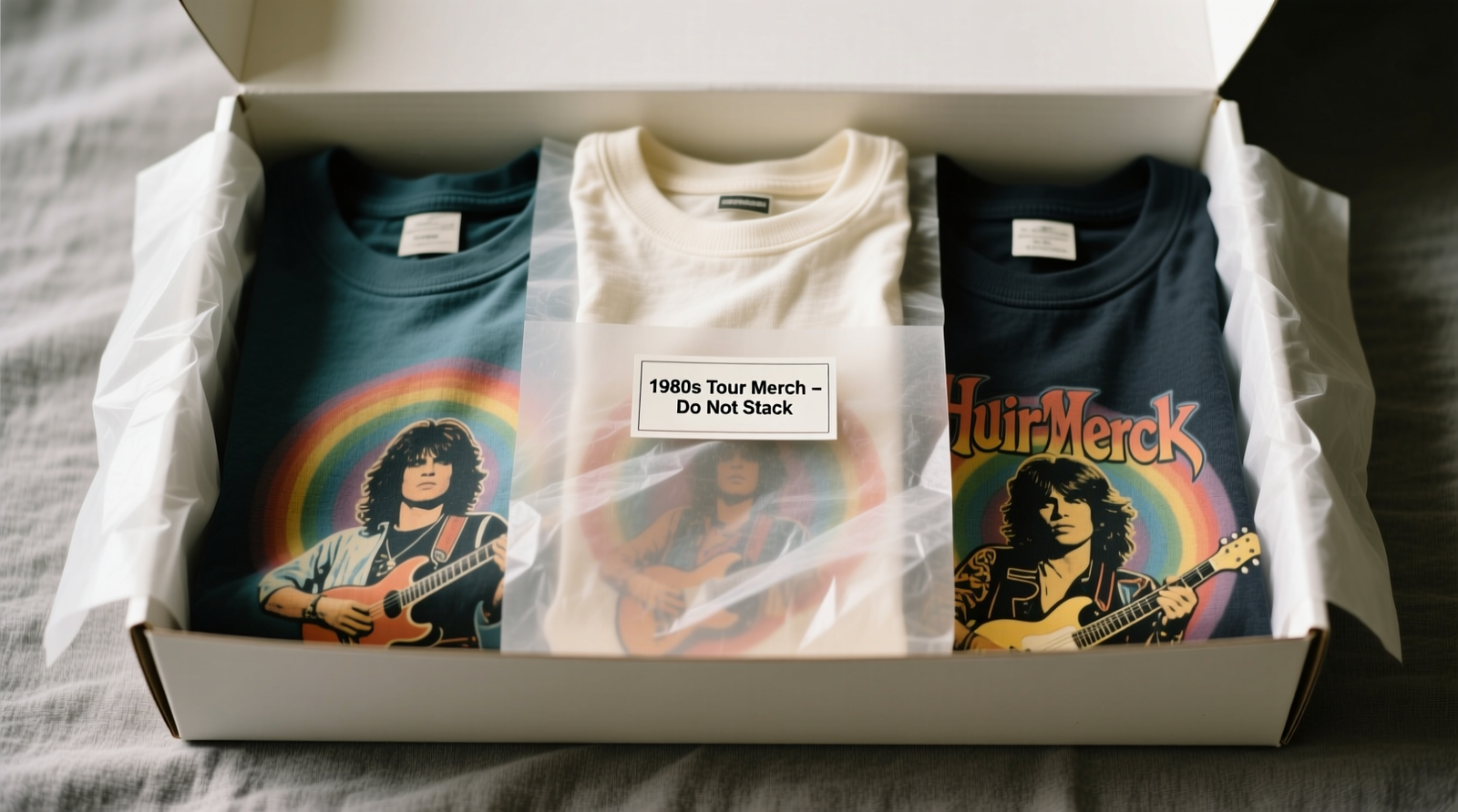 Three vintage band tees stored side-by-side: one folded haphazardly in a plastic bin showing visible crease lines, one hung bare on a wire hanger with faded shoulders, and one properly hung on a padded hanger inside a translucent 100% cotton garment bag