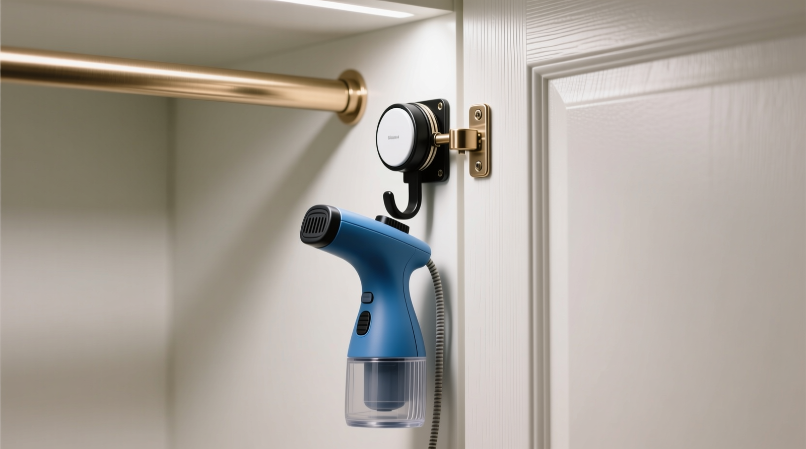 Close-up of a white interior closet door with a brushed nickel retractable cord reel mounted vertically on the hinge-side stile; a compact blue garment steamer hangs neatly from a matte black hook beneath it, cord fully retracted and taut, water tank visible but empty.
