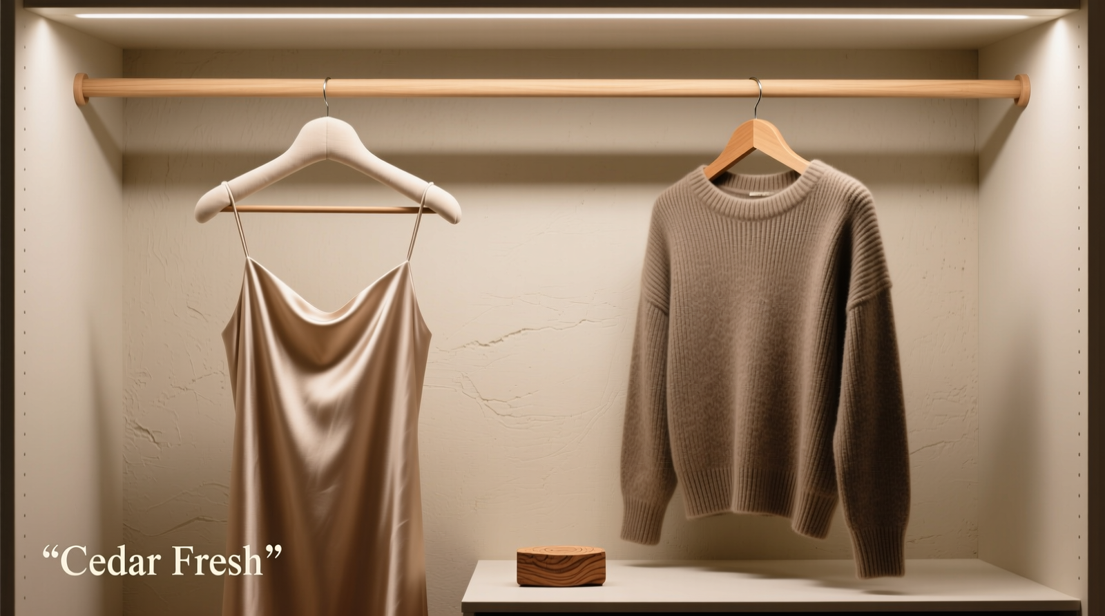 Side-by-side closet rod showing silk dress on padded hanger with 4-inch gap before wool sweater on wooden hanger; visible airflow space and cedar block placed beneath wool section