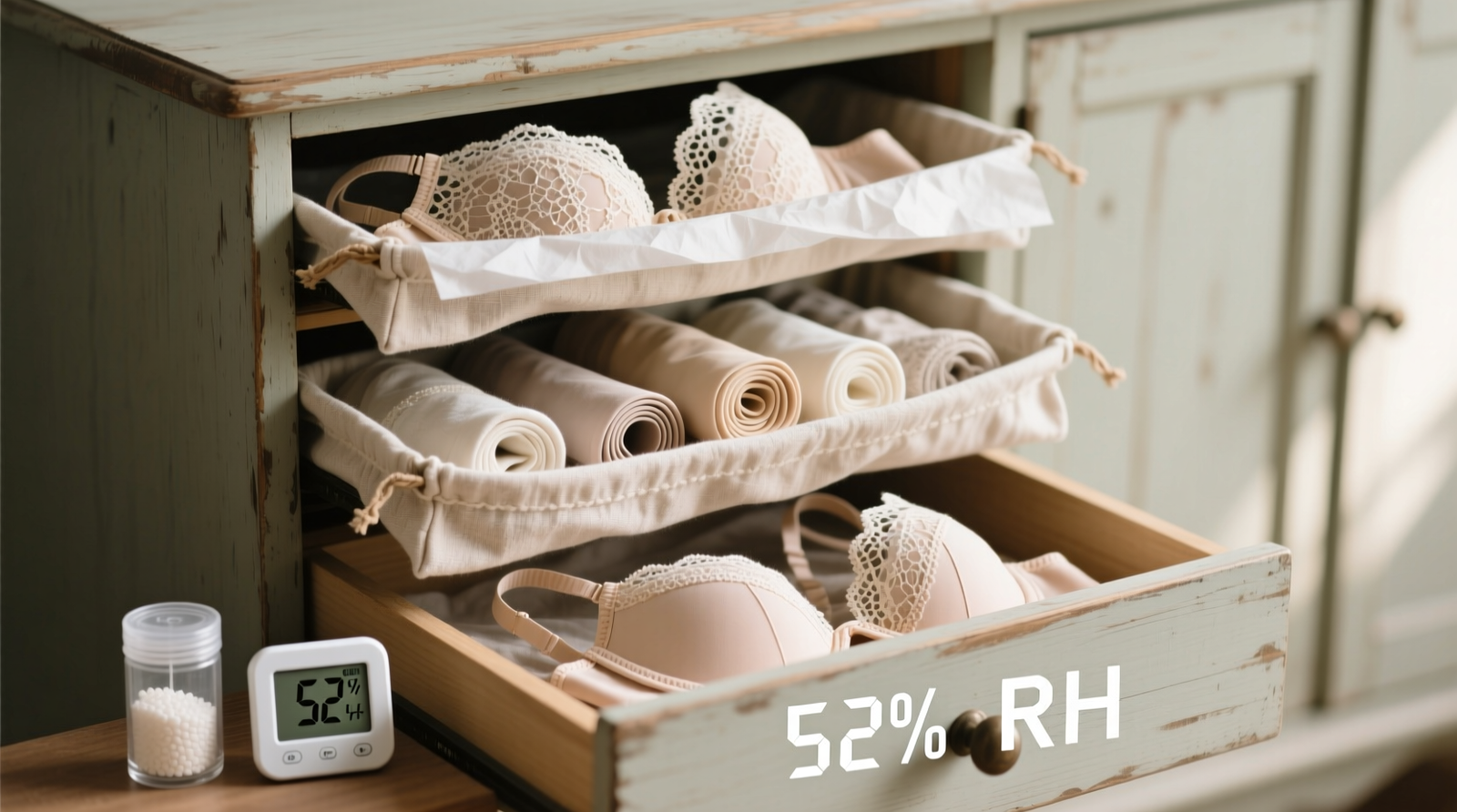 Three-tiered linen drawer showing flat-stored lace bras rolled in acid-free tissue, nestled inside unbleached cotton pouches, with visible silica gel canister in corner and hygrometer reading 52% RH
