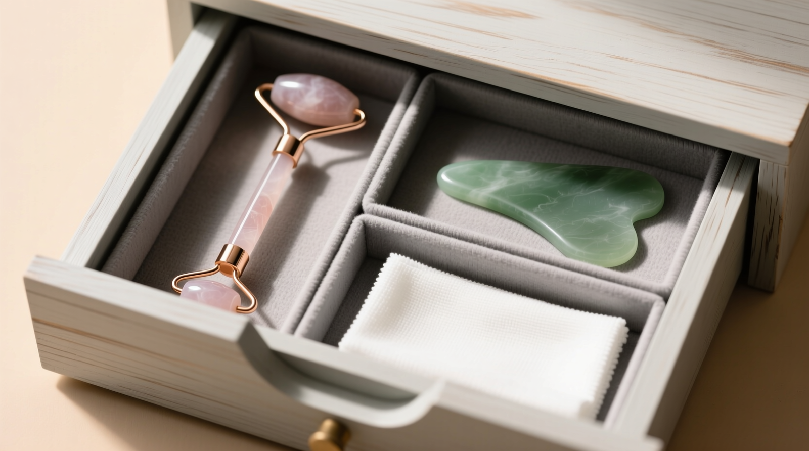 A shallow, light-gray wooden drawer with custom-cut microfiber-lined compartments: one upright silicone cup holds a rose quartz roller, another flat slot cradles a jade gua sha stone on its broad base, and a third smaller recess stores a clean microfiber cloth—everything clearly visible and physically separated.