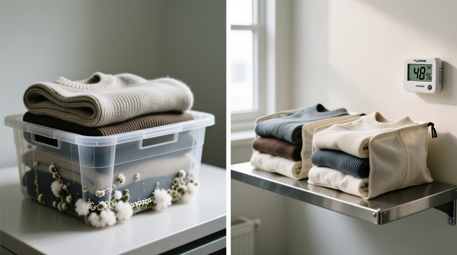 Side-by-side comparison: left panel shows folded sweaters in plastic bin with visible fuzzy white mold at seam edges; right panel shows identical sweaters in cotton bags on elevated metal shelf beside wall-mounted hygrometer reading 48% RH