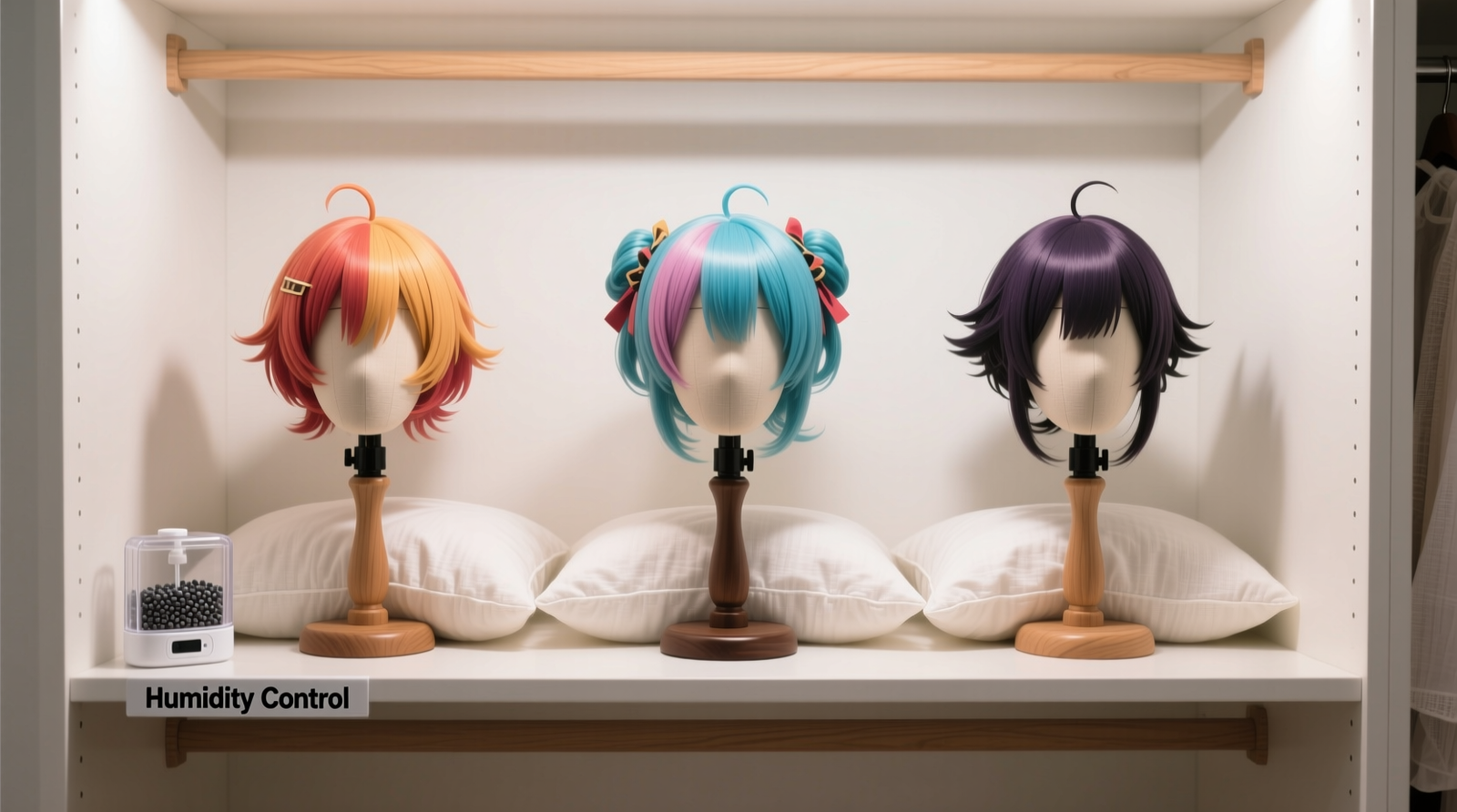 Three anime cosplay wigs mounted on matte-finish wooden wig stands inside a well-lit closet, each covered with a lightweight off-white cotton pillowcase, spaced evenly on a shelf with a small charcoal-silica humidity regulator visible in the lower left corner