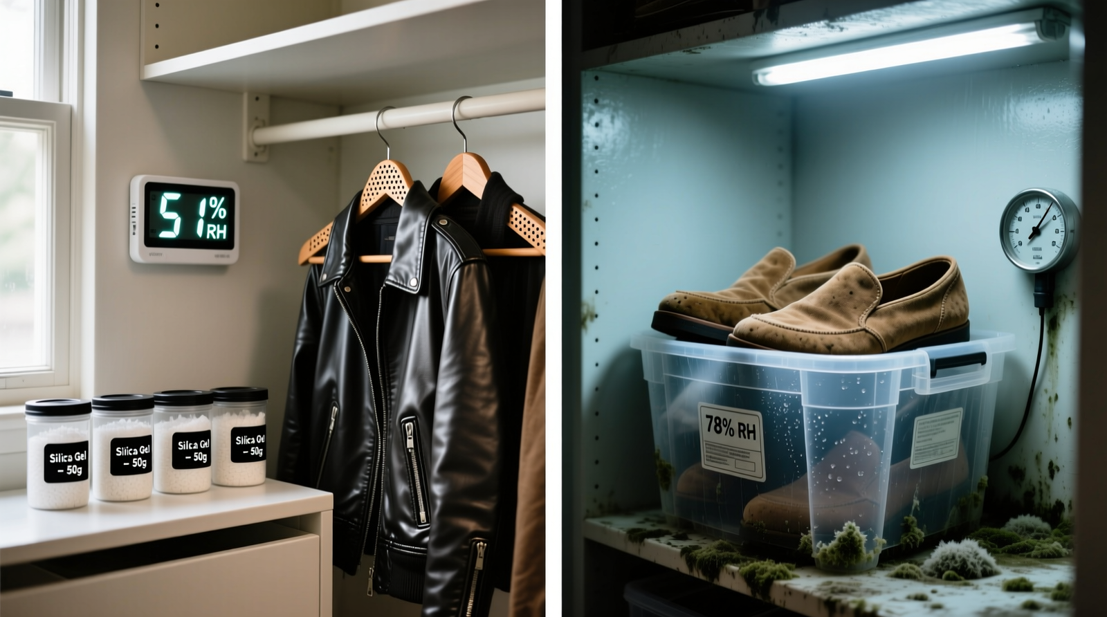 Close-up of a calibrated digital humidity monitor mounted at eye level inside a cedar-hinged closet, next to a suede blazer on a padded hanger and a refillable silica gel canister labeled '45–55% RH'