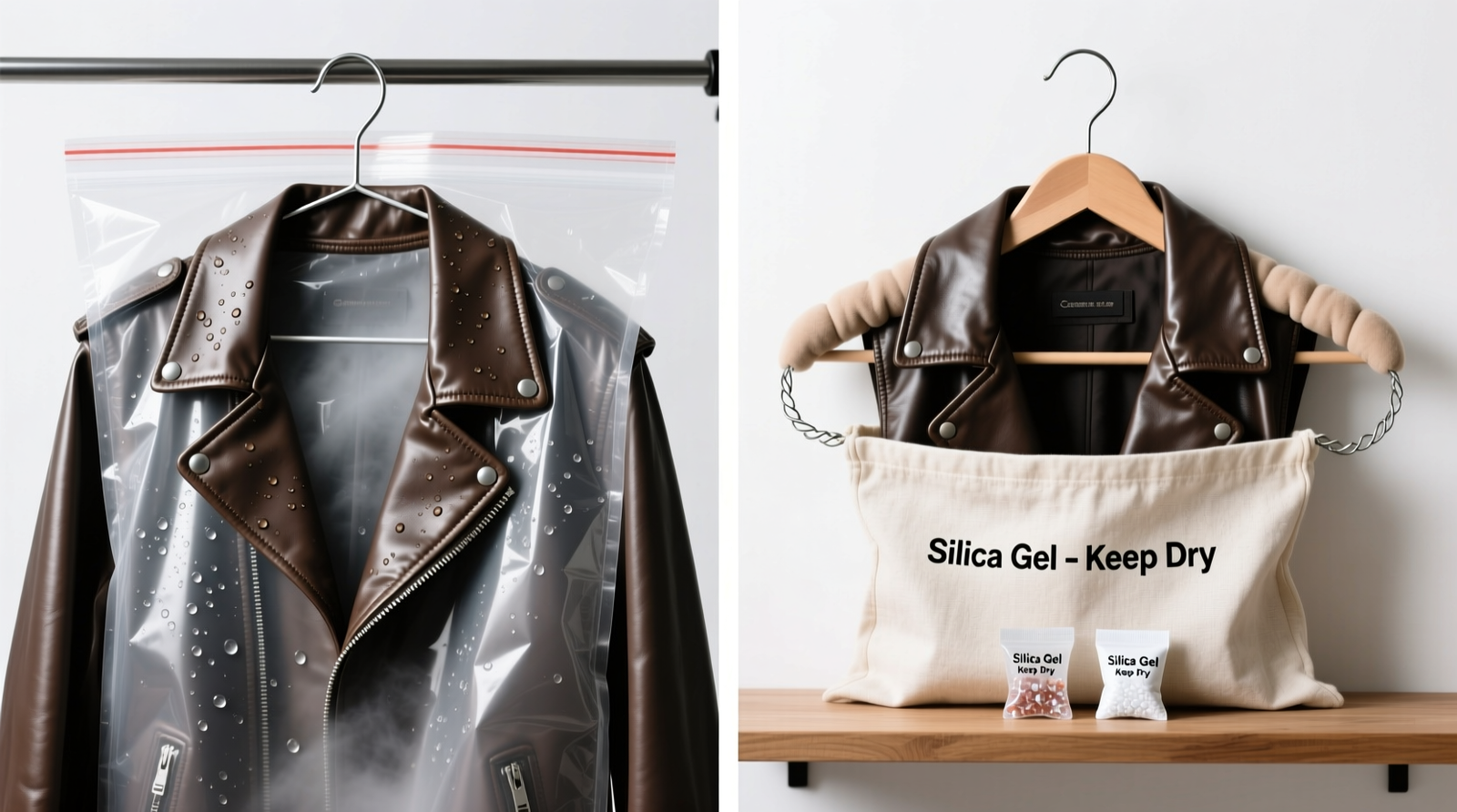 A well-organized closet section showing three leather jackets on wide padded hangers inside loose cotton garment bags, spaced evenly with visible airflow gaps, beside a compact dehumidifier unit on the floor