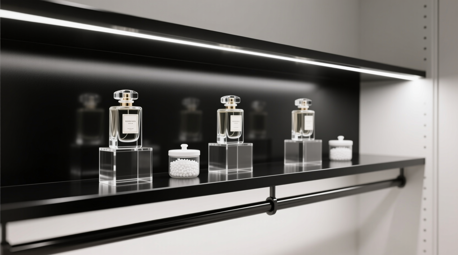 A minimalist closet interior showing clear acrylic risers arranged vertically on a matte-black metal shelf, each holding 3–4 perfume bottles upright with original caps secured; small white silica gel canisters sit discreetly between rows; no natural light enters the space.