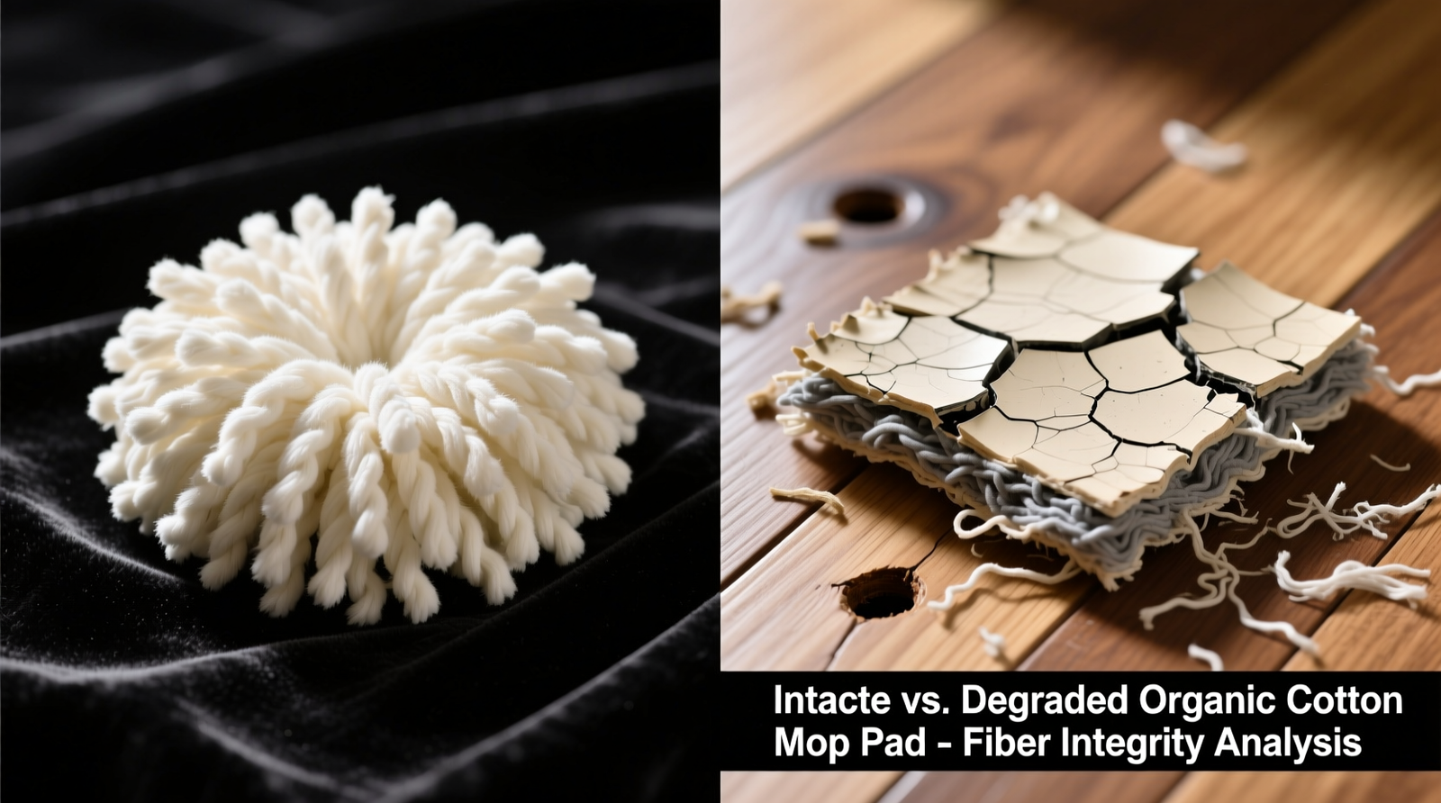 Side-by-side macro photos: left shows intact, plush organic cotton mop pad with visible fiber loops; right shows degraded biodegradable pad with cracked surface, exposed binder matrix, and loose microfilaments clinging to hardwood grain