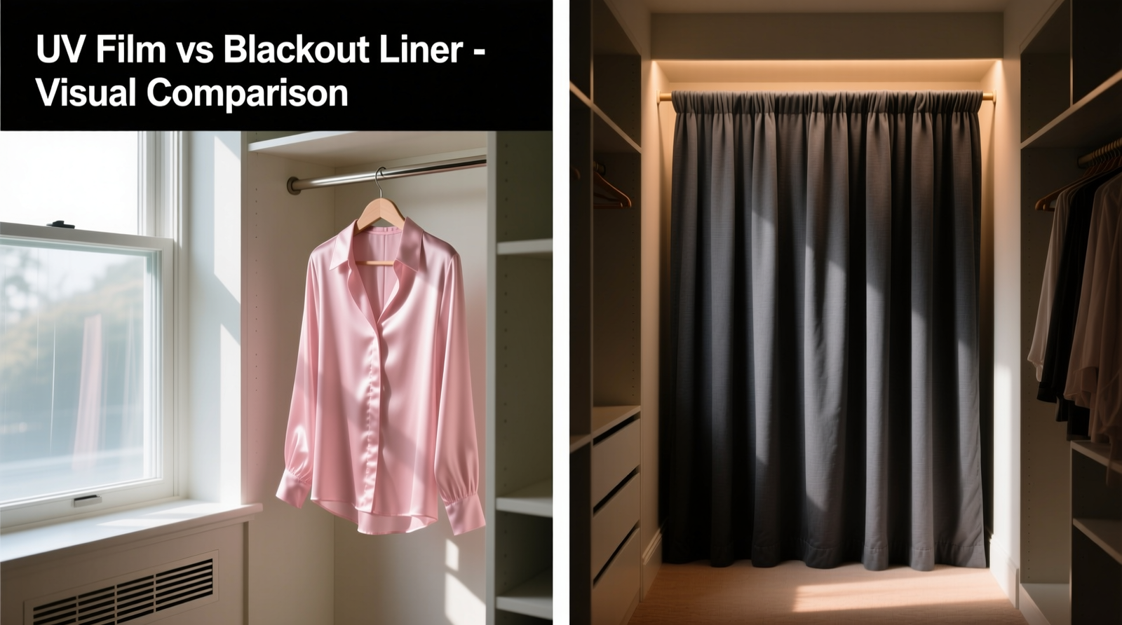 Side-by-side close-up: left panel shows clear UV film applied to closet window with silk blouse hanging nearby; right panel shows same closet with heavy blackout liner draped over rod, creating shadowed but visibly warm, stuffy interior