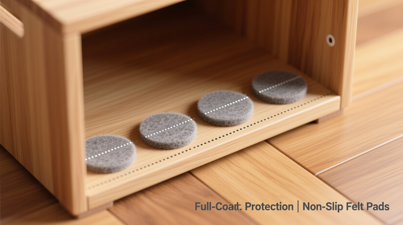 Close-up of four 1/4-inch self-adhesive felt pads applied to the underside of a wooden storage bin, with visible alignment marks and no overhang—demonstrating full-contact, non-slip base protection for hardwood floors