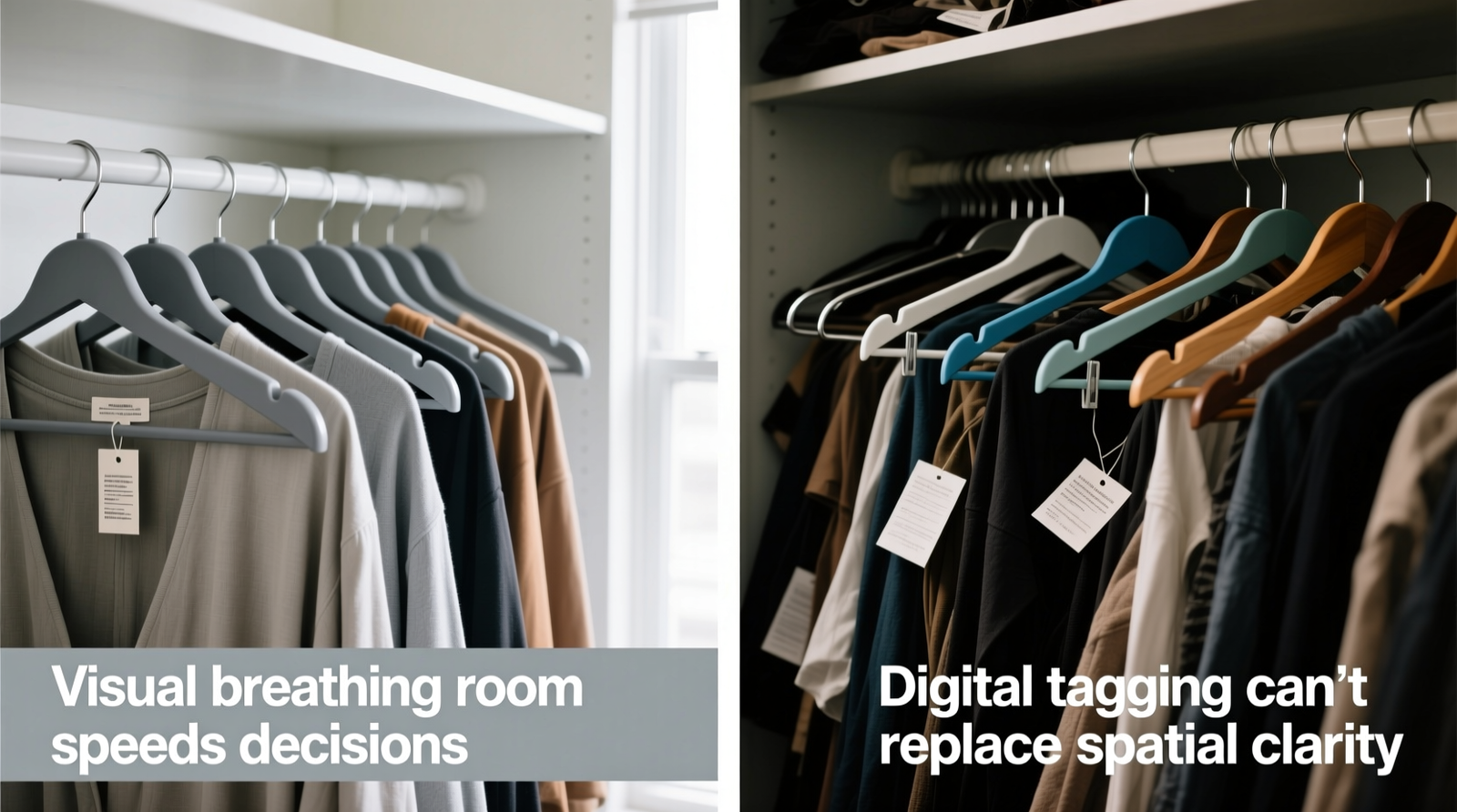 A minimalist closet with three clearly labeled, fabric-wrapped capsule anchor pieces (a charcoal wool blazer, ivory cotton turtleneck, and navy wide-leg trousers) hanging beside a shallow bin labeled 'Spring Transition: 3 Items Max'