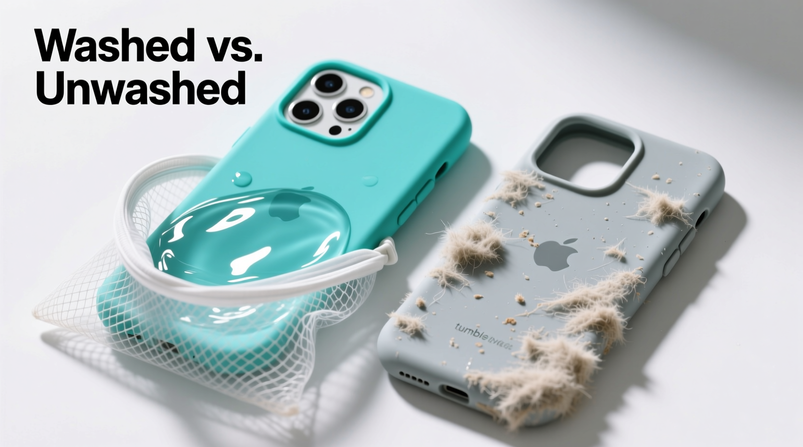 Close-up photo of two identical clear silicone phone cases side-by-side: one washed correctly with vinegar rinse showing crystal clarity and sharp edges; the other washed with hot water and detergent, exhibiting visible clouding, yellowed corners, and a faint greasy sheen under angled light.