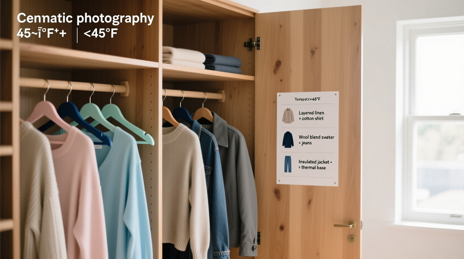 A well-lit closet with garments grouped by temperature bands: pastel hangers for '65°F+' items, navy hangers for '45–64°F', and charcoal hangers for '<45°F'; laminated cheat sheet visible on door showing 3 outfit formulas per band
