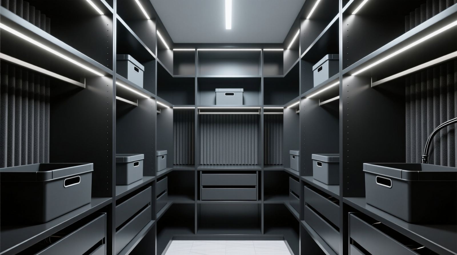 A streamlined gaming gear closet with black steel shelving, uniform matte-black bins, recessed LED strip lighting, and charcoal acoustic panels mounted flush behind open shelves—camera view shows zero visible cables or branding
