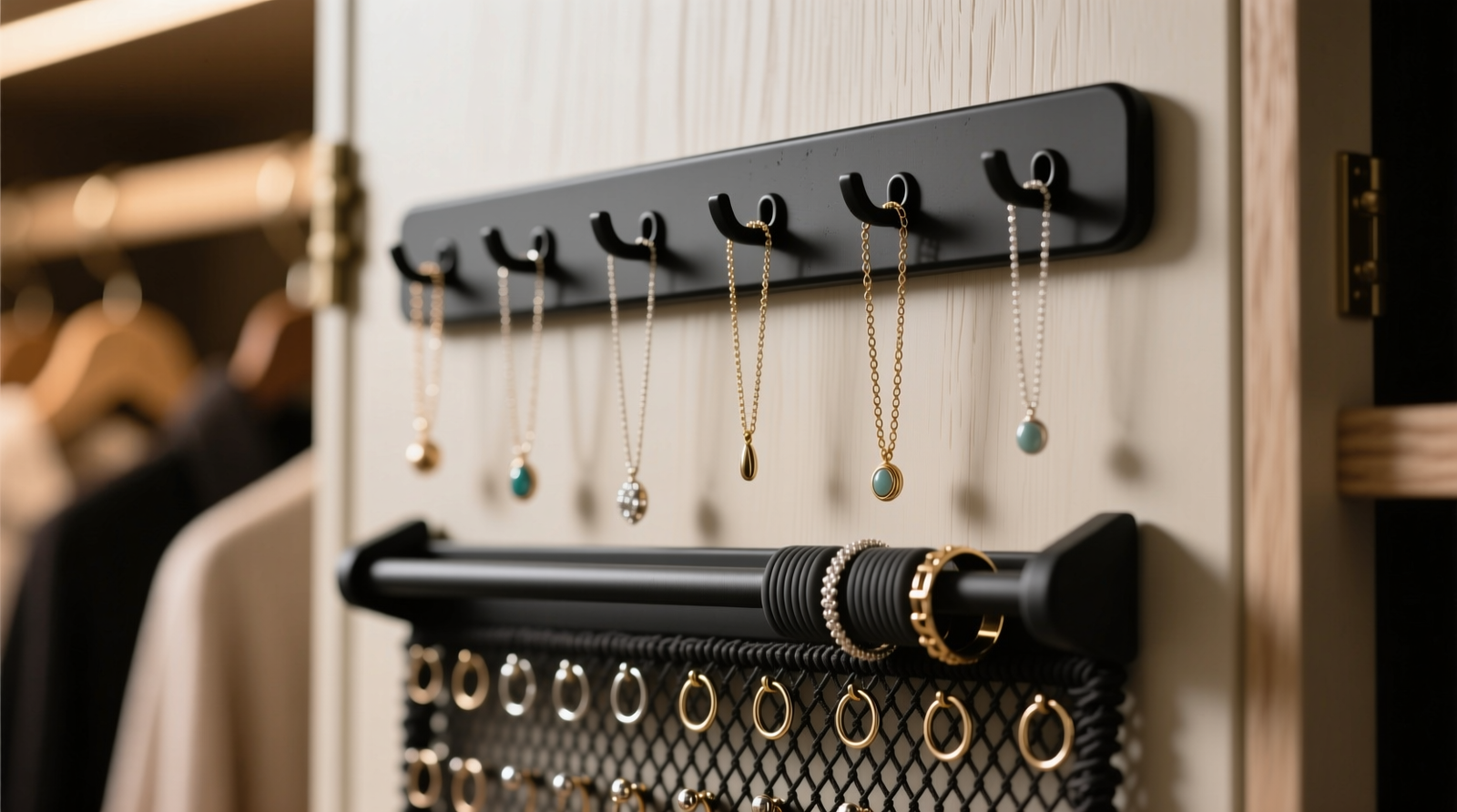 Close-up of a matte-black hanging jewelry organizer mounted on a closet door: necklaces hang separately on individual S-hooks, delicate chains spaced 3 inches apart; woven mesh earring panel below; silicone-grip bracelet bars angled slightly outward for easy slide-off