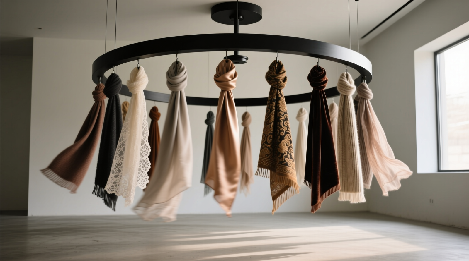 A matte-black rotating hanging scarf ring mounted at eye level, displaying twelve scarves in varied textures and colors—each fully visible, evenly spaced, and hanging freely without overlap or tension
