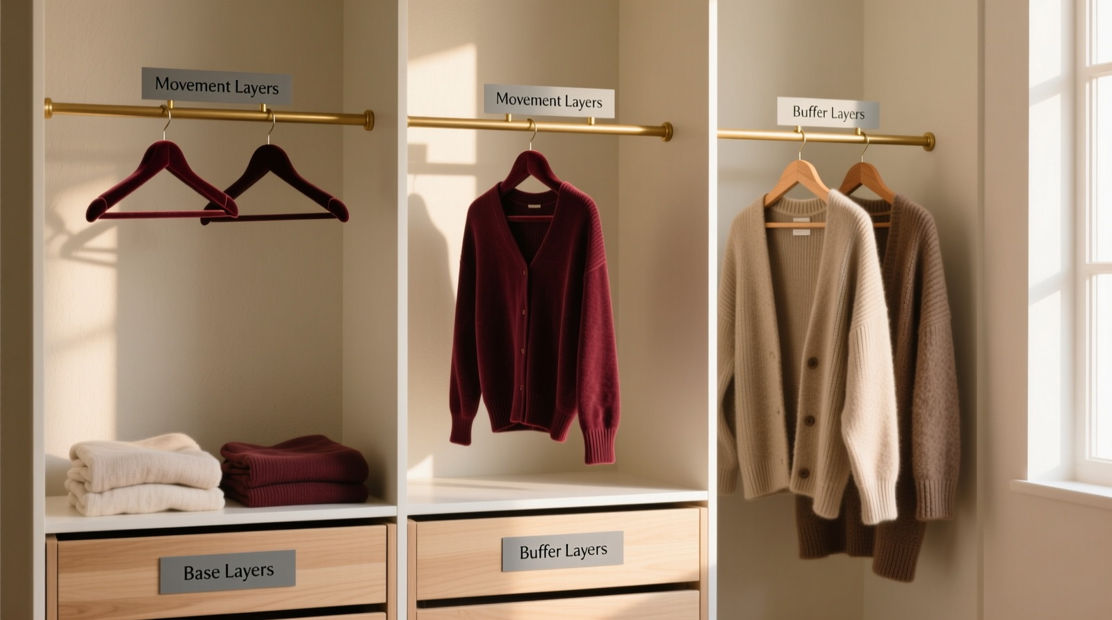 A minimalist closet with three clearly labeled vertical zones: Base Layers (folded in light-wood drawers), Movement Layers (knits hung on velvet hangers with spacing markers), and Buffer Layers (heavy cardigans on thick wooden hangers, isolated on a separate rod). All labels use tactile, low-glare font. No visible synthetics or stiff fabrics.