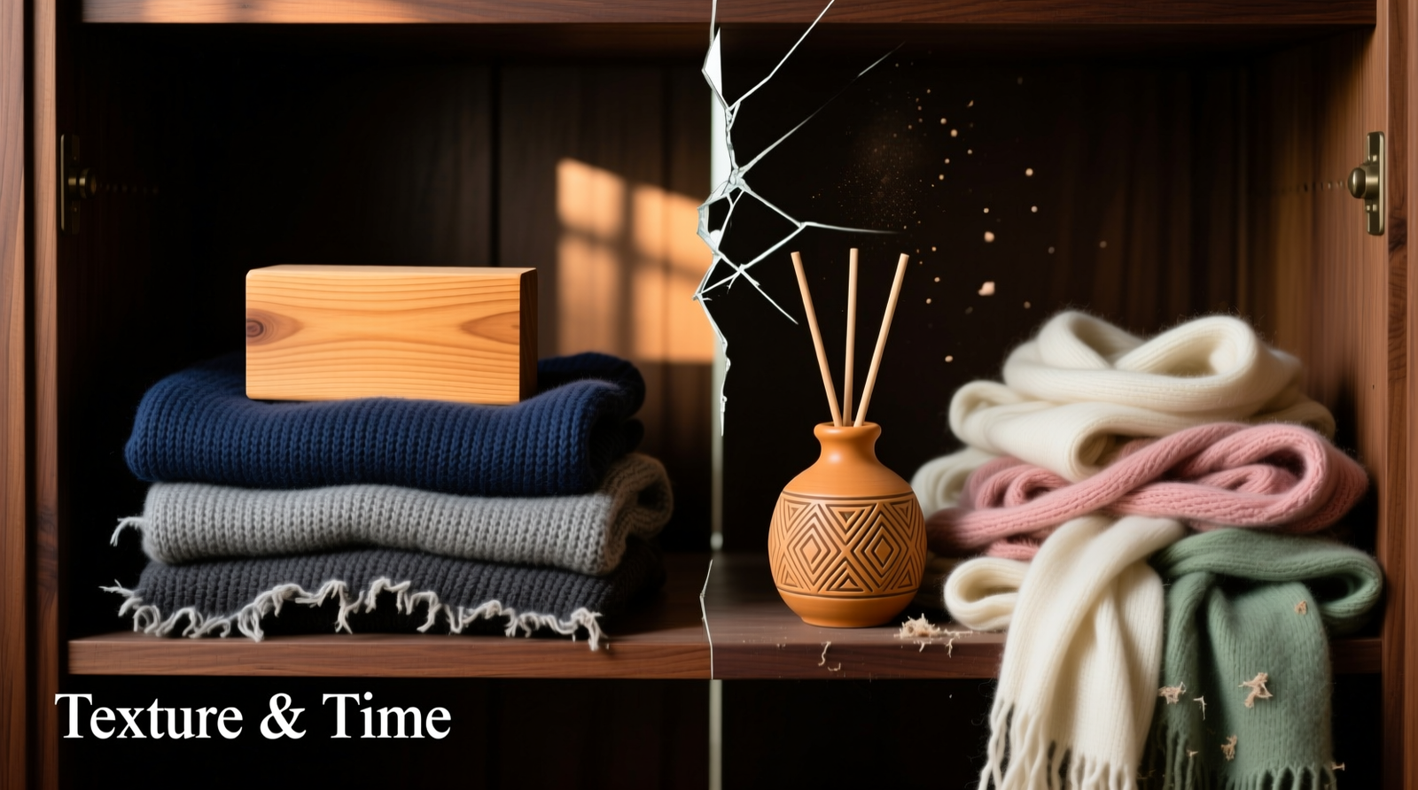 Side-by-side comparison: a well-sanded cedar block resting atop folded wool sweaters in a cedar-lined closet shelf versus a decorative ceramic diffuser next to a pile of unwashed cashmere scarves