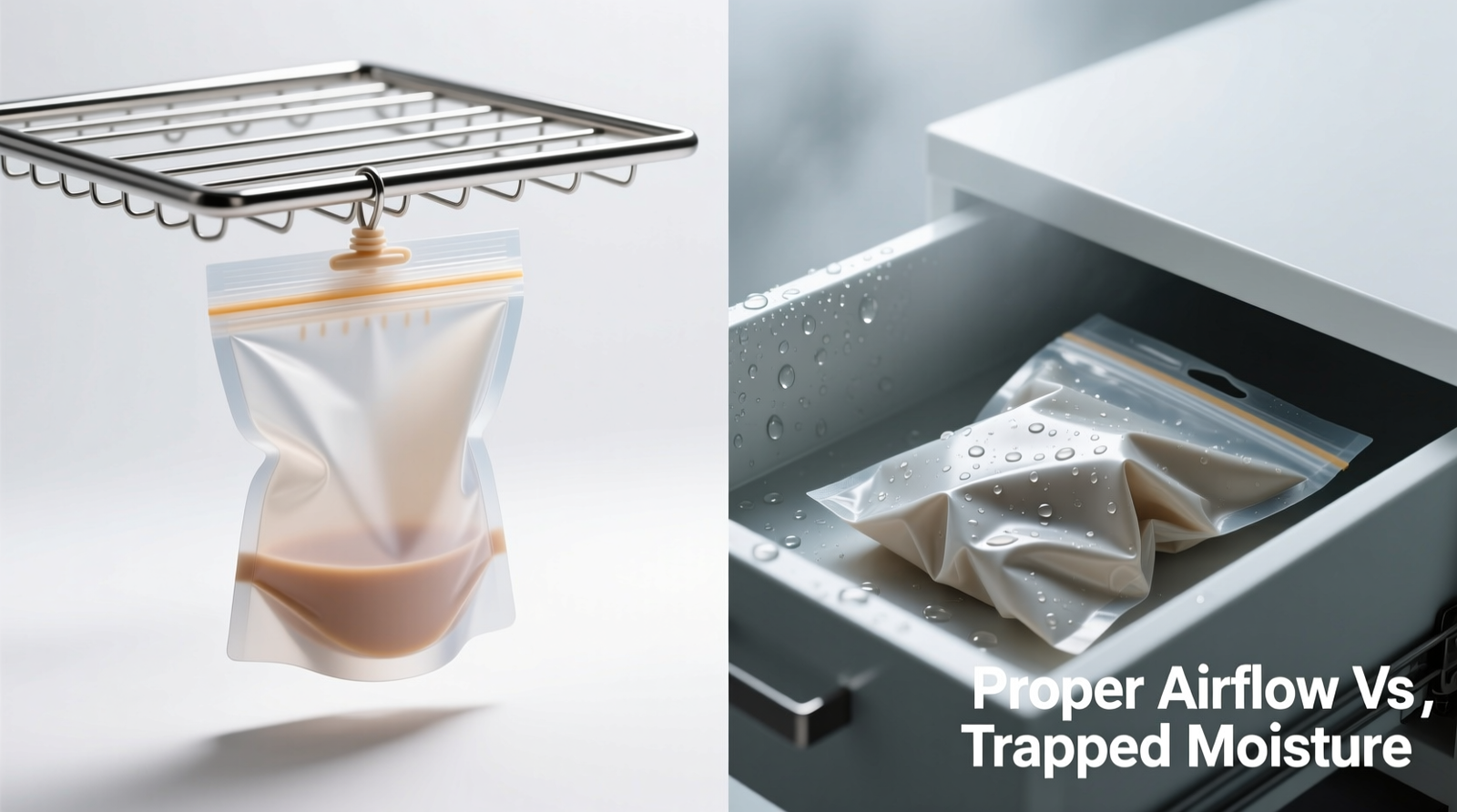 Close-up photo showing a silicone food pouch inverted on a stainless steel drying rack with airflow gaps, next to a small bowl of baking soda and a soft silicone brush—no sponges, no vinegar bottles, no dish soap in frame