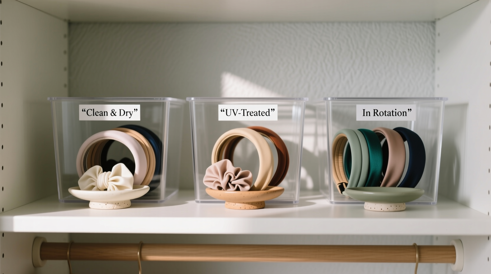 A minimalist closet shelf showing three labeled, open acrylic bins: 'Clean & Dry', 'UV-Treated', and 'In Rotation'—each holding neatly coiled headbands and scrunchies on small ceramic dish stands