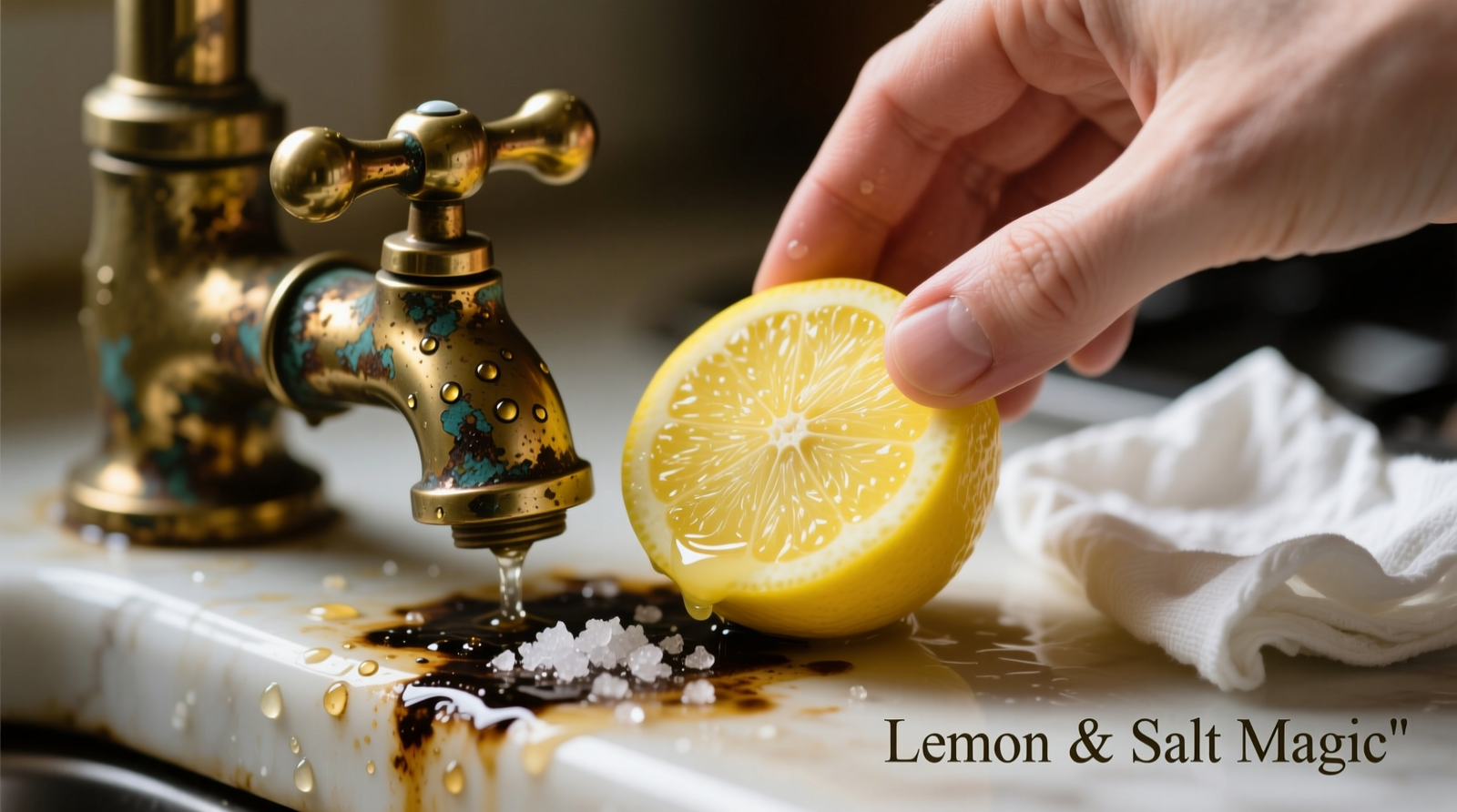 Close-up photo showing hand rubbing lemon-half sprinkled with salt over a tarnished brass kitchen faucet handle, with visible tarnish lifting at the contact point and a soft cotton cloth resting nearby