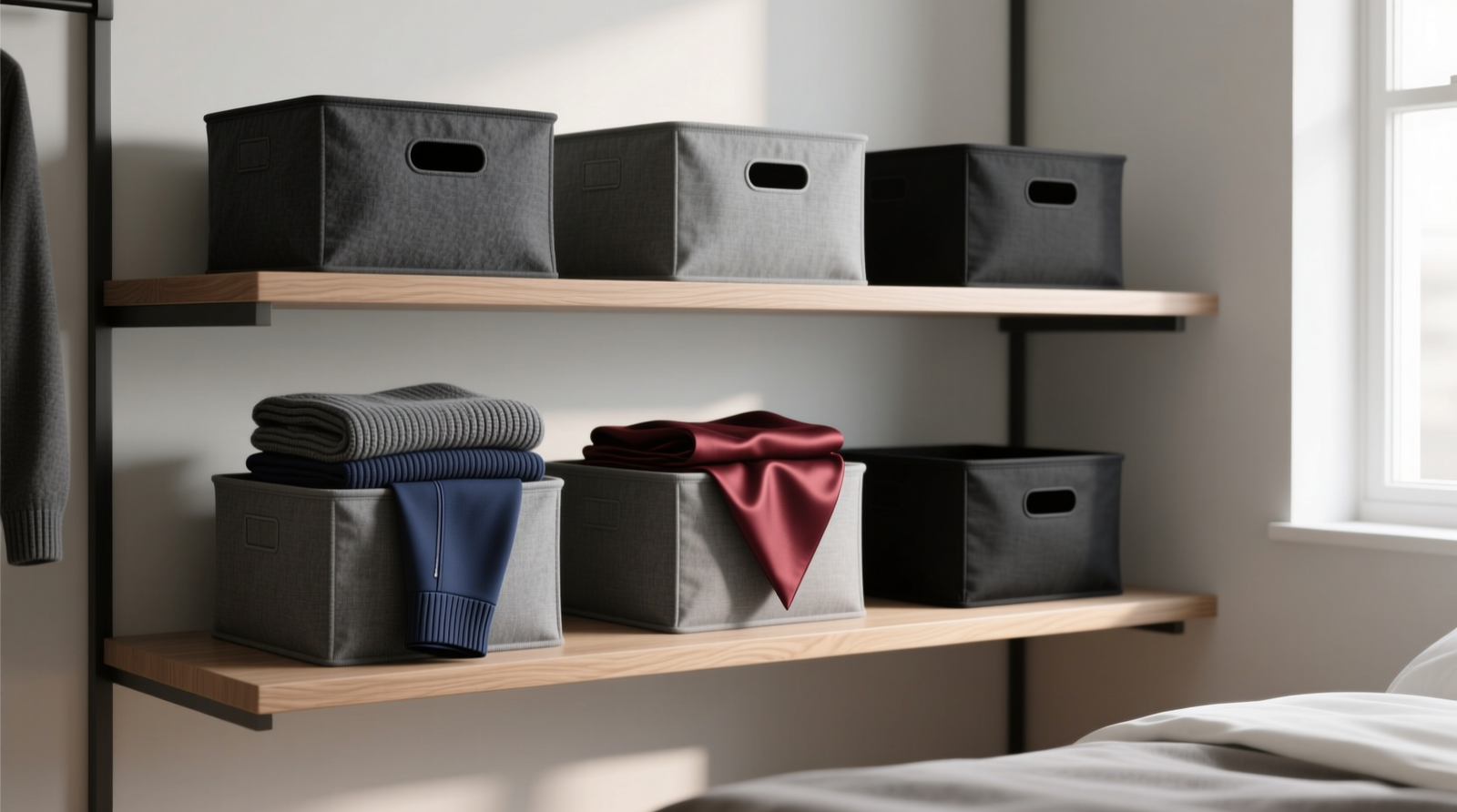 Three-tier closet shelf showing uniformly sized fabric bins in charcoal, heather gray, and matte black, each with a contrasting folded accessory visible at the front edge—charcoal sweater, navy compression sleeve, burgundy scarf—arranged with precise 1-inch spacing between bins