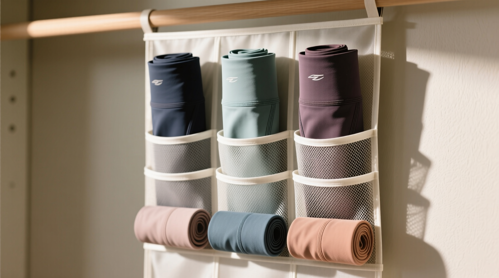Vertical closet organizer with six evenly spaced breathable mesh pockets, each holding one pair of rolled compression leggings with waistbands facing outward and no visible creasing