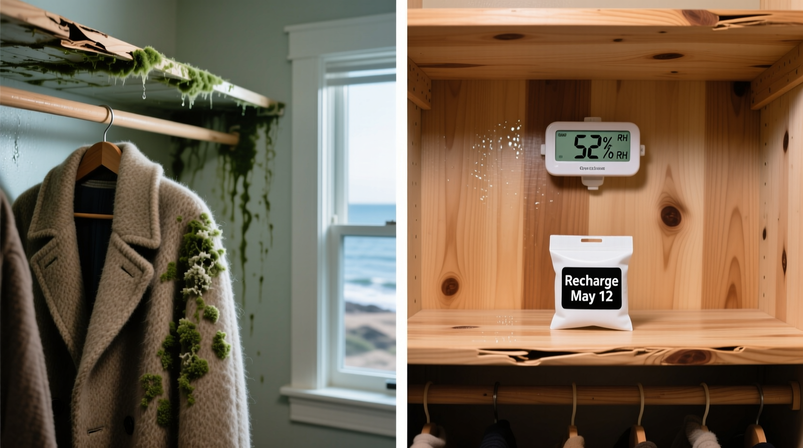 Cross-section diagram showing a coastal-climate closet with labeled components: rear-mounted hygrometer, silica gel canister on shelf, offset hinges enabling airflow, and breathable garment bag on hanger