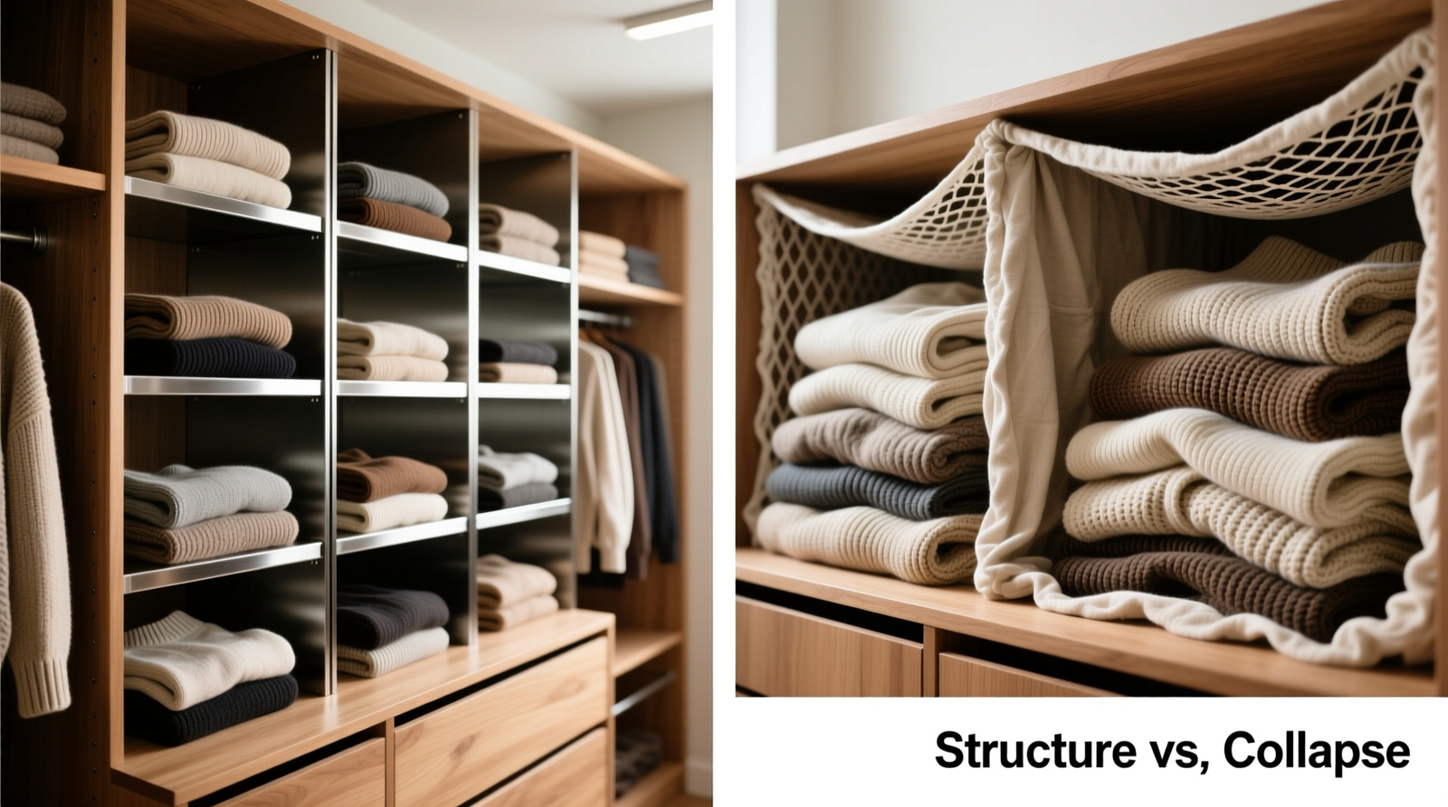 Side-by-side comparison: left shows rigid metal shelf dividers creating clean, upright sweater columns on a wooden closet shelf; right shows sagging fabric cubbies with leaning, partially collapsed knit stacks