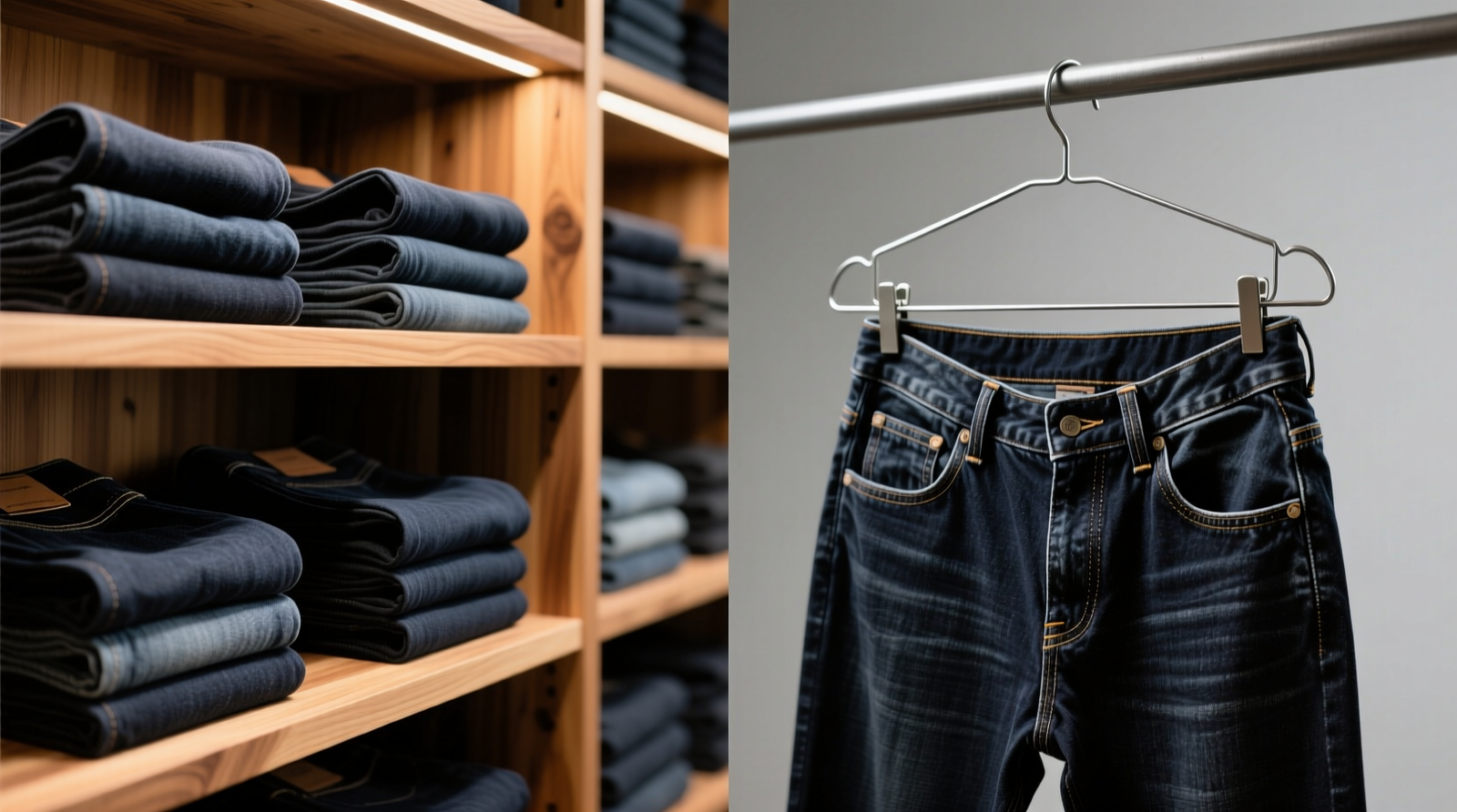 Side-by-side comparison: left shows neatly folded dark denim stacked on a cedar-lined shelf with alternating fold directions; right shows jeans draped over thin wire hangers, visibly sagging at the waistband with distorted belt loops and stretched yoke seams