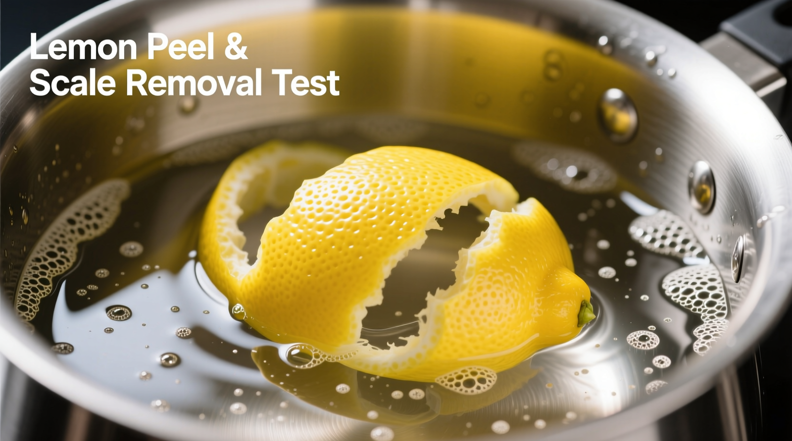 Close-up photo of fresh lemon peels submerged in a stainless steel kettle filled with cloudy, mineral-laden water, next to a clean, gleaming kettle interior showing visible scale removal along the waterline