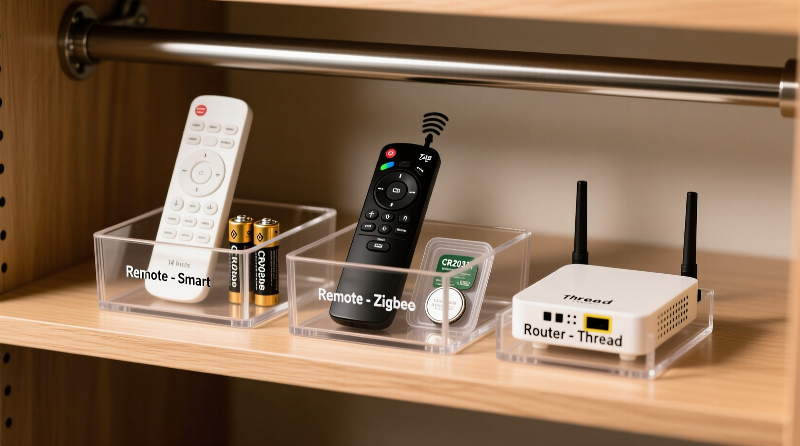 A well-lit closet shelf showing three labeled acrylic bins: one holding a white smart remote upright beside two AAA batteries in a clear plastic tray; second bin contains a black remote with Zigbee antenna visible, plus two CR2032 cells; third holds a compact Thread border router with ventilation holes visible. All bins sit on a light oak shelf, 14 inches from a nearby metal closet rod.