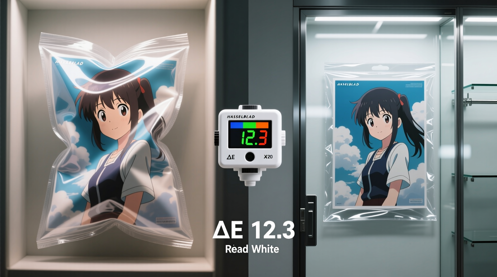 Side-by-side comparison showing an anime poster in a cloudy, warped PVC sleeve (left) versus the same poster in a crystal-clear, rigid polyester archival sleeve inside a UV-filtering glass closet door (right), with colorimeter readings showing ΔE difference of 12.3 in white balance