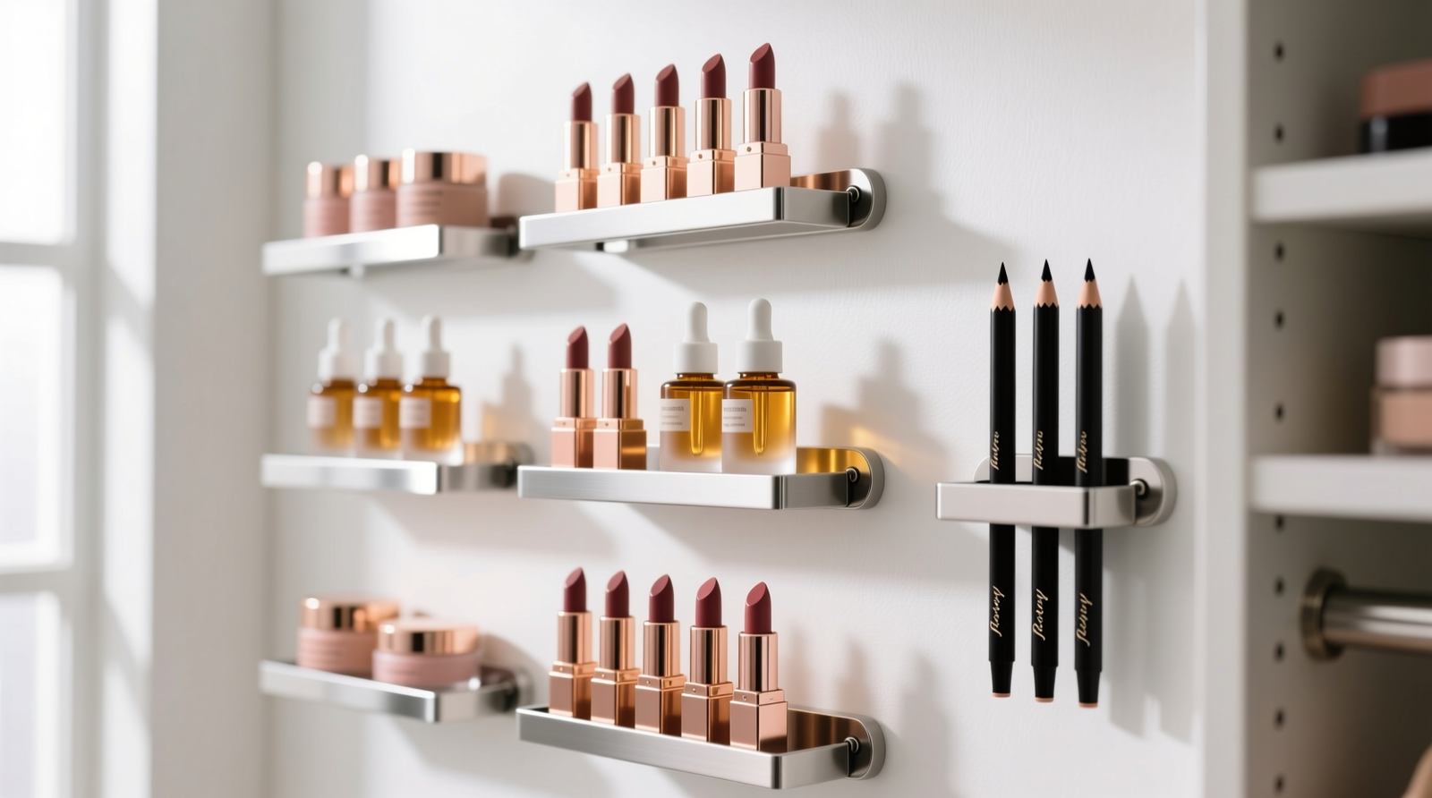 Close-up of a white interior closet side wall with three sleek stainless steel U-channel magnetic racks holding neatly arranged beauty products: rose-gold lipsticks, amber serum bottles, and matte black eyeliner pencils—all upright, labeled, and fully visible without crowding.
